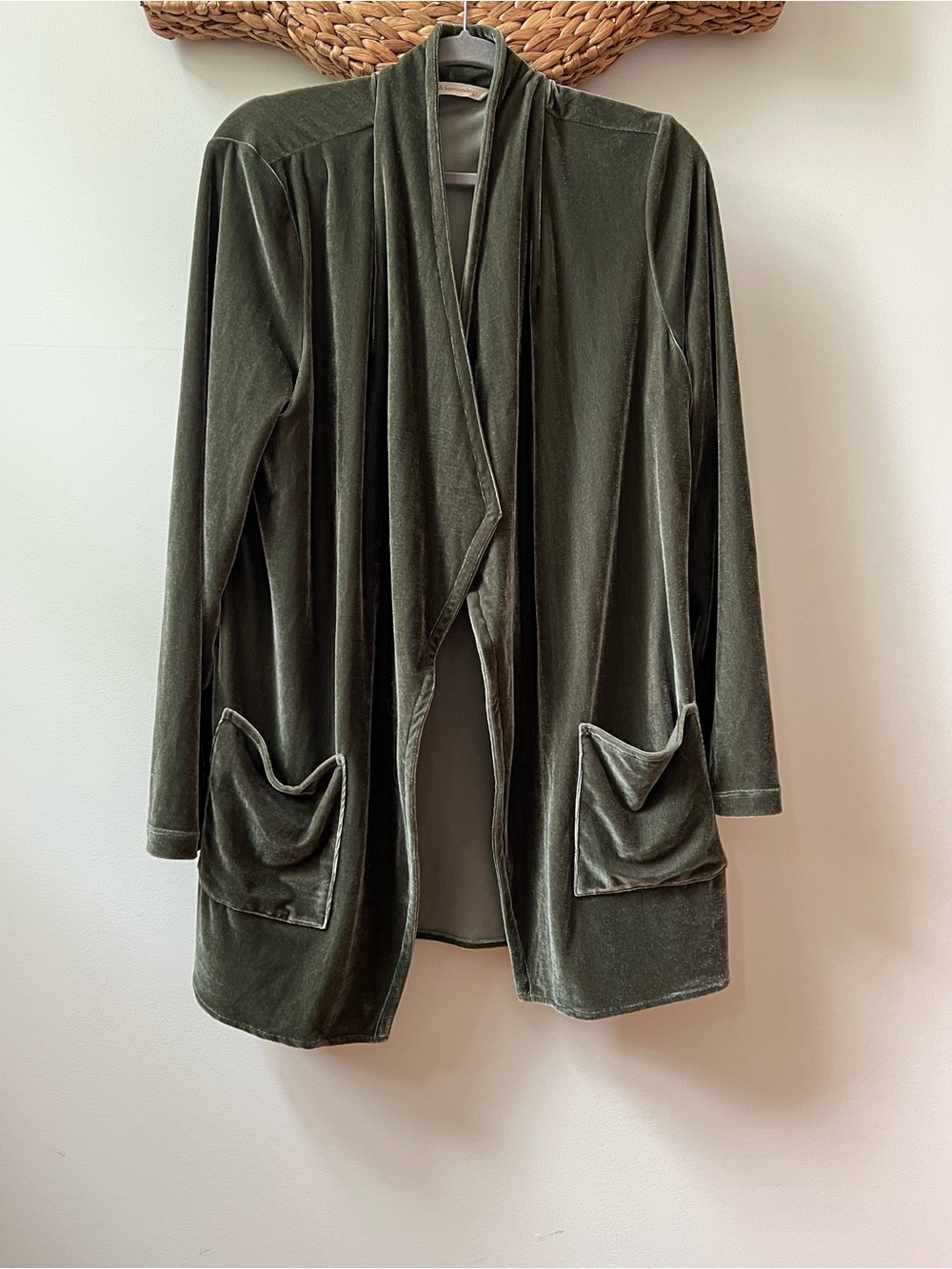 Soft Surroundings Olive Velvet Drape Cardigan Jacket Pockets Size L